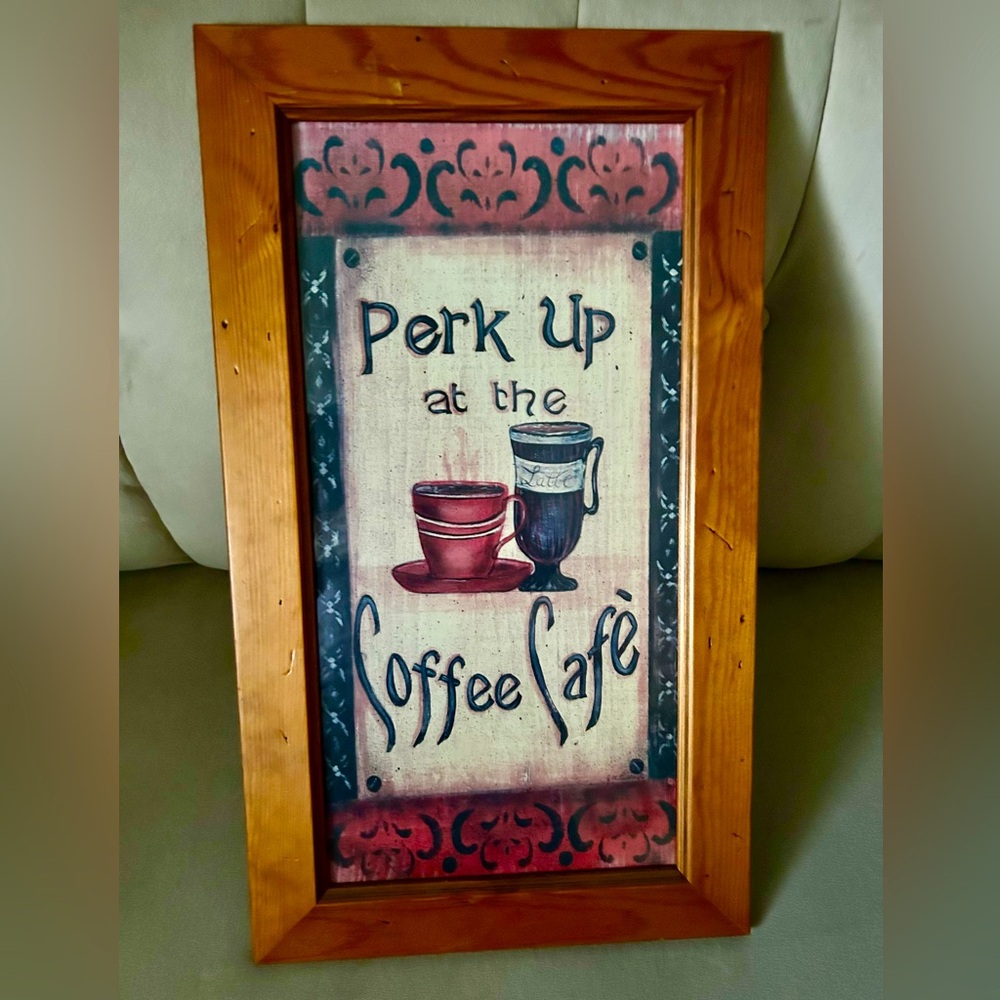 Wood Frame Genuine Hand Carved Wood Perk Up at the Coffee Cafe Sign Bar Decor